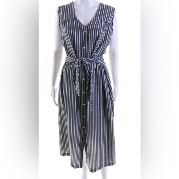 Nwt Drew Robbie Sleeveless Striped Belted Midi Shirt Dress Gray White - S